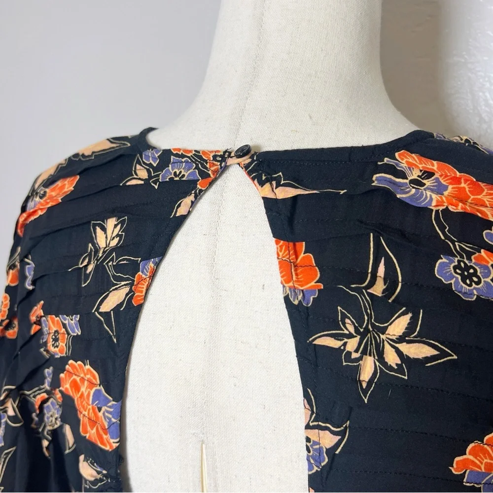•FREE PEOPLE• Edie Oversized Open Back Hi Low Tunic‎ Top in Black Floral Size XS